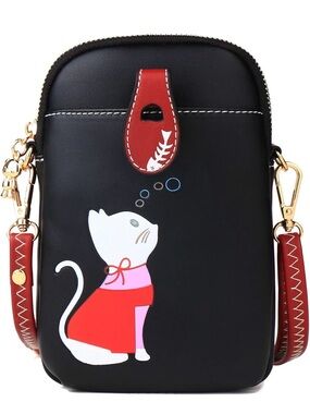Black Cat Print Crossbody Bag with Red Accents